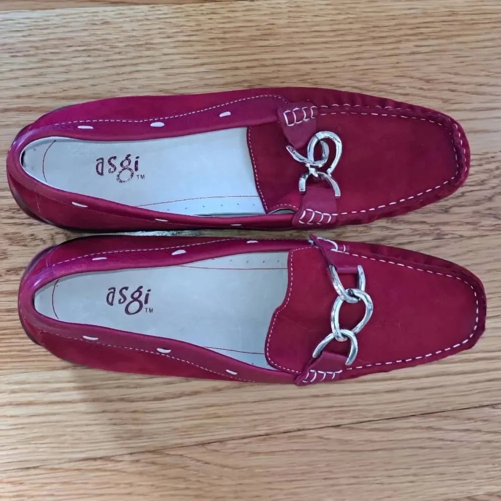 ASGI Inspire Suede Leather Driving Loafer Red Silver Buckle 8.5M Dark Academia